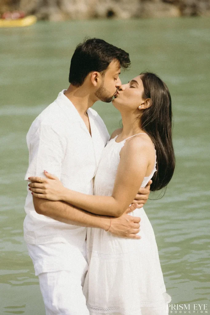 Romantic riverside couple portrait during a Pre-Wedding Shoot in Rishikesh