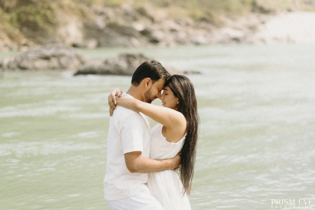 Couple embracing by the Ganga River during a Pre-Wedding Shoot in Rishikesh
