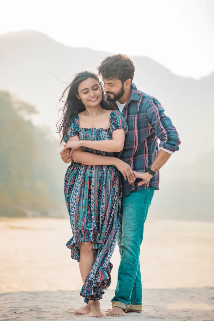 Couple enjoying a scenic Pre-Wedding Shoot in Rishikesh with mountain views