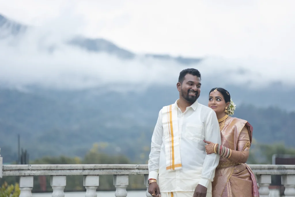Traditional couple portrait with Himalayan backdrop during a Pre-Wedding Shoot in Rishikesh
