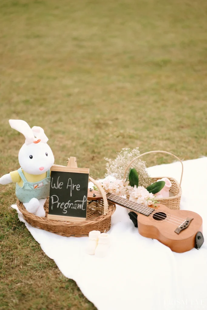 Baby announcement picnic setup with a bunny toy, flowers, ukulele and “We Are Pregnant” sign