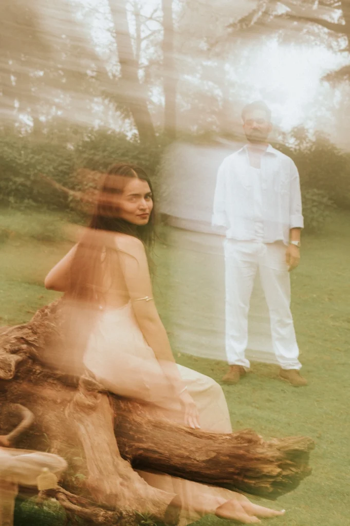 Romantic pre-wedding shoot in Mussoorie with a couple enjoying a dreamy forest setting