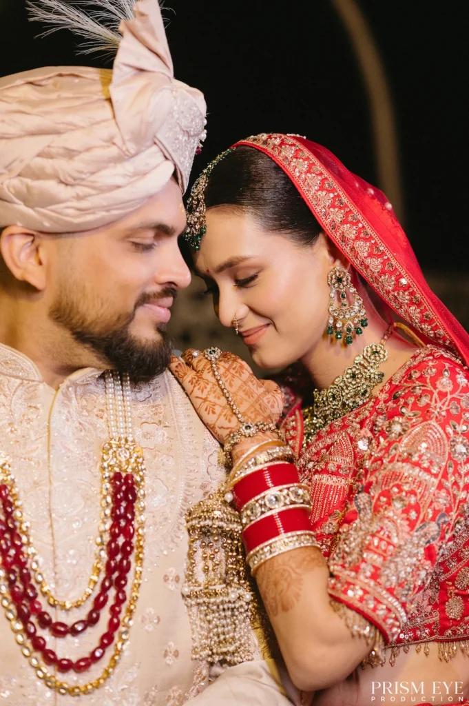 Elegant wedding couple close-up portrait at Heaven in Himalayas Resort Rishikesh with candid bridal moments