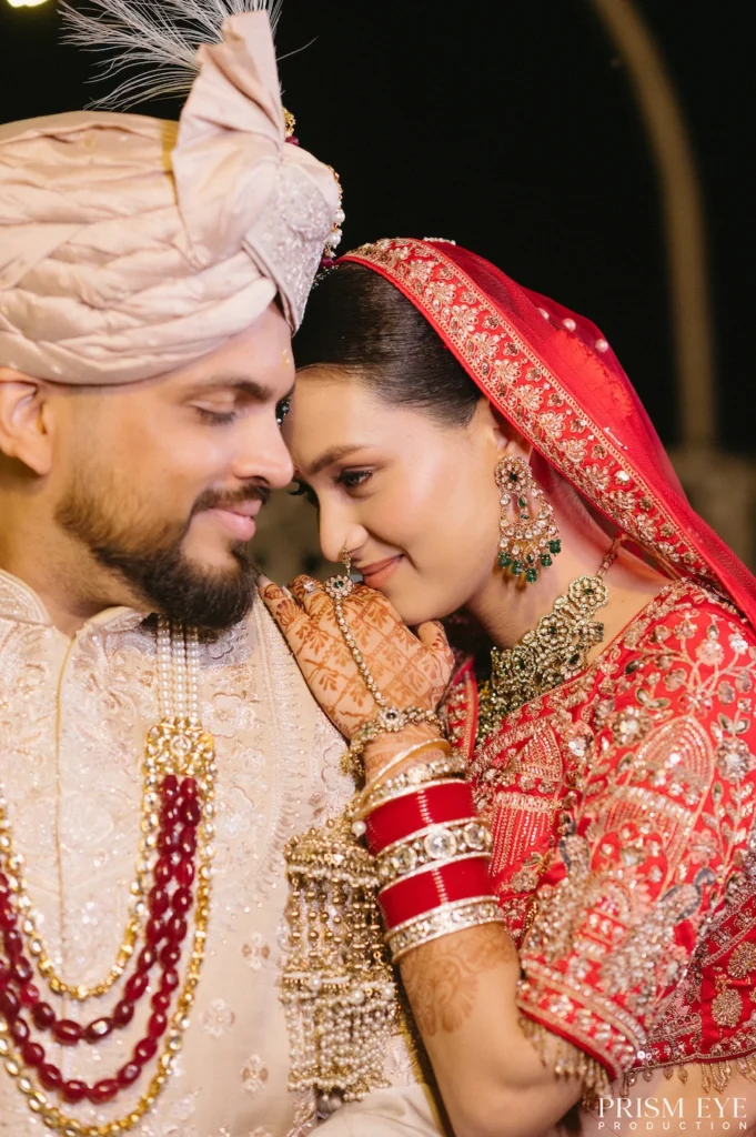 Romantic closeup portrait of bride and groom during destination wedding in Rishikesh