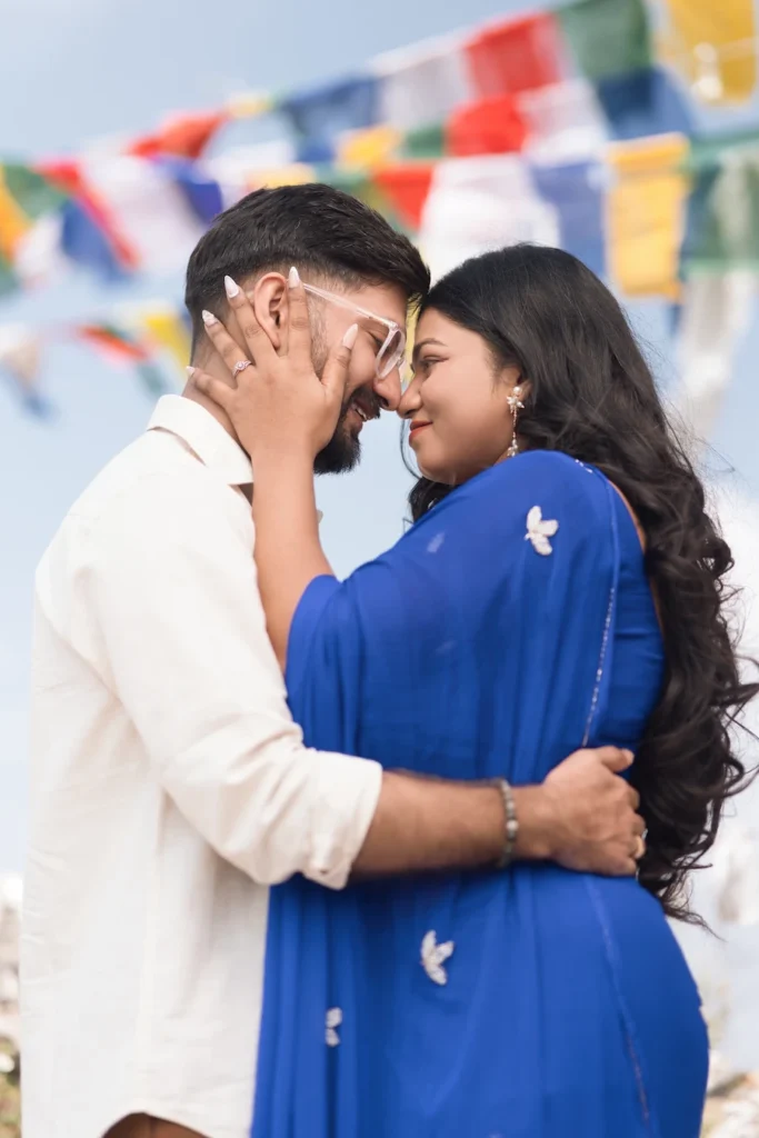 Couple embracing during a scenic pre-wedding shoot at The Dalai Hills in Mussoorie