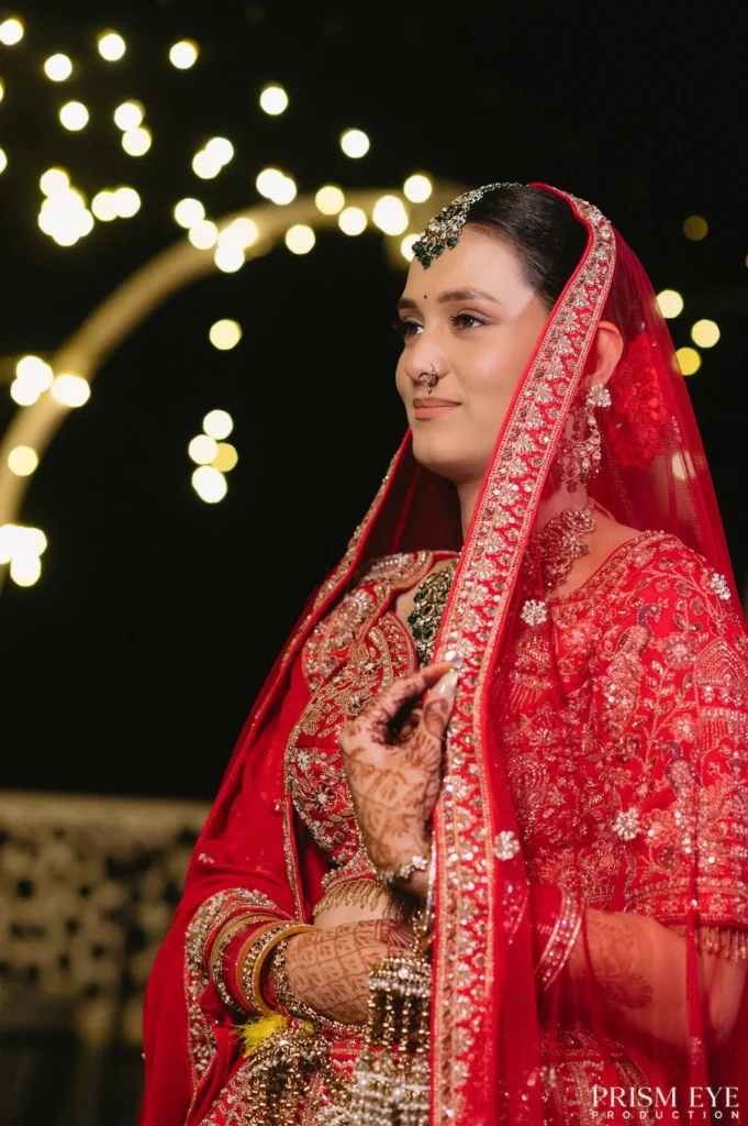 Elegant bridal portrait with fairy lights at Heaven in Himalayas wedding resort