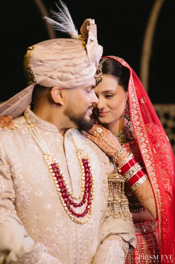 Romantic bride and groom portrait during destination wedding in Rishikesh with cinematic wedding photography by Prism Eye Productions