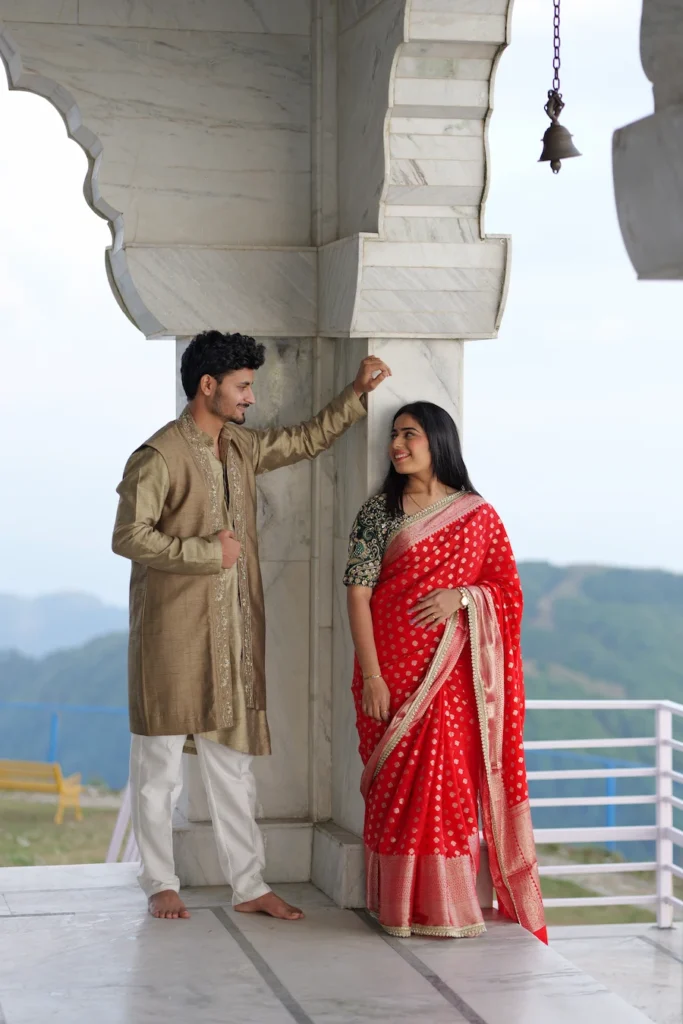 Pre-wedding photography at Bhadraj Temple in Mussoorie with scenic mountain views and heritage architecture