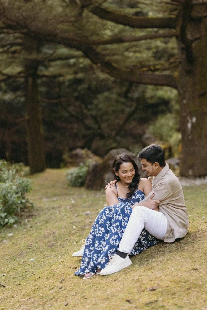 Romantic couple portrait captured in the natural landscapes of Dhanaulti during a pre-wedding session