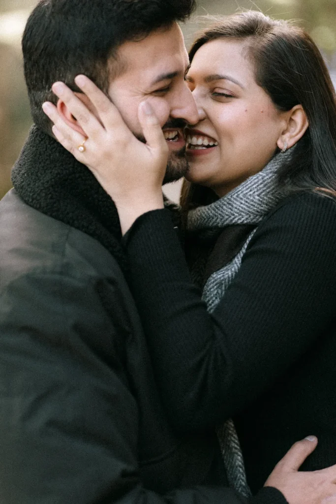 Close-up portrait of a couple during a candid pre-wedding shoot at Lal Tibba Mussoorie surrounded by natural beauty