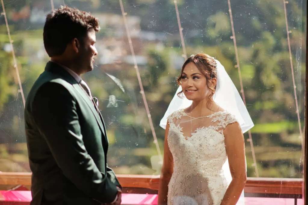 Bride and groom sharing an emotional first look before the wedding ceremony