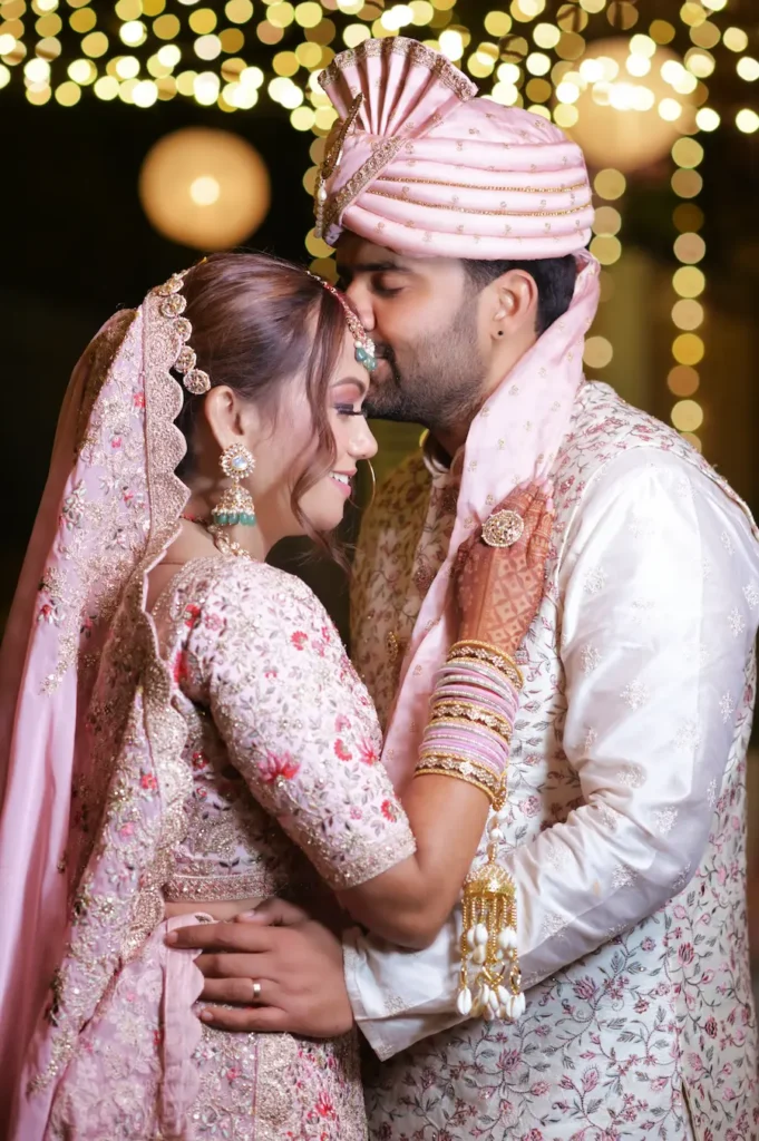 Christian-Hindu Wedding couple sharing a romantic moment during their multicultural wedding ceremony