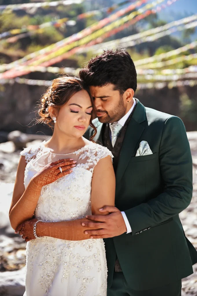 Christian-Hindu Wedding couple sharing an intimate portrait during their multicultural wedding celebration in Uttarakhand