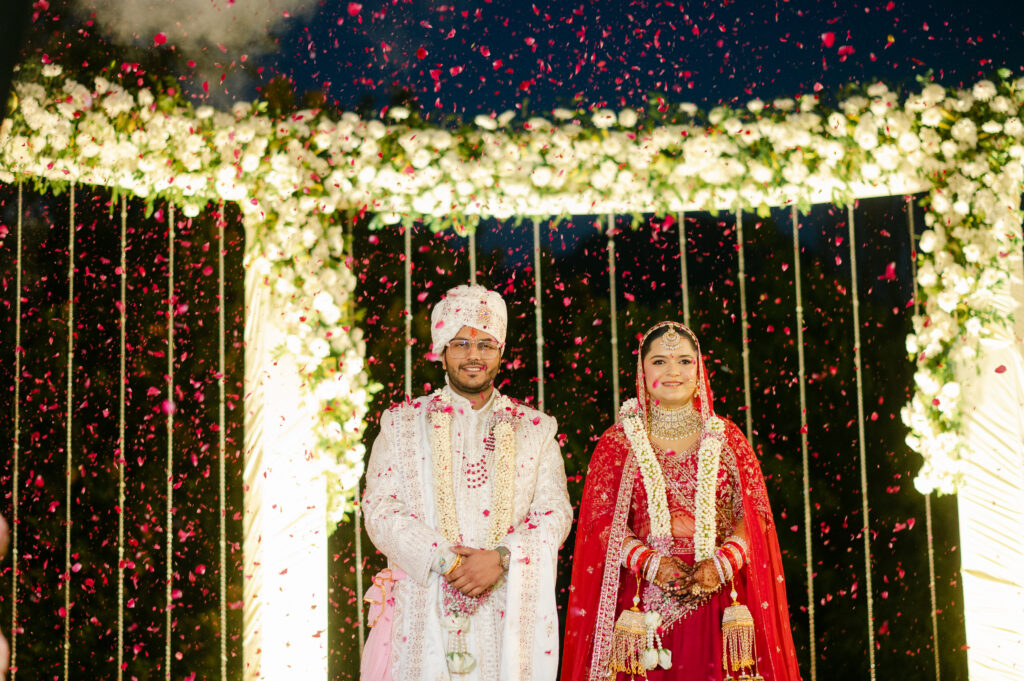 Bride and groom portrait during a daytime wedding in Dehradun.