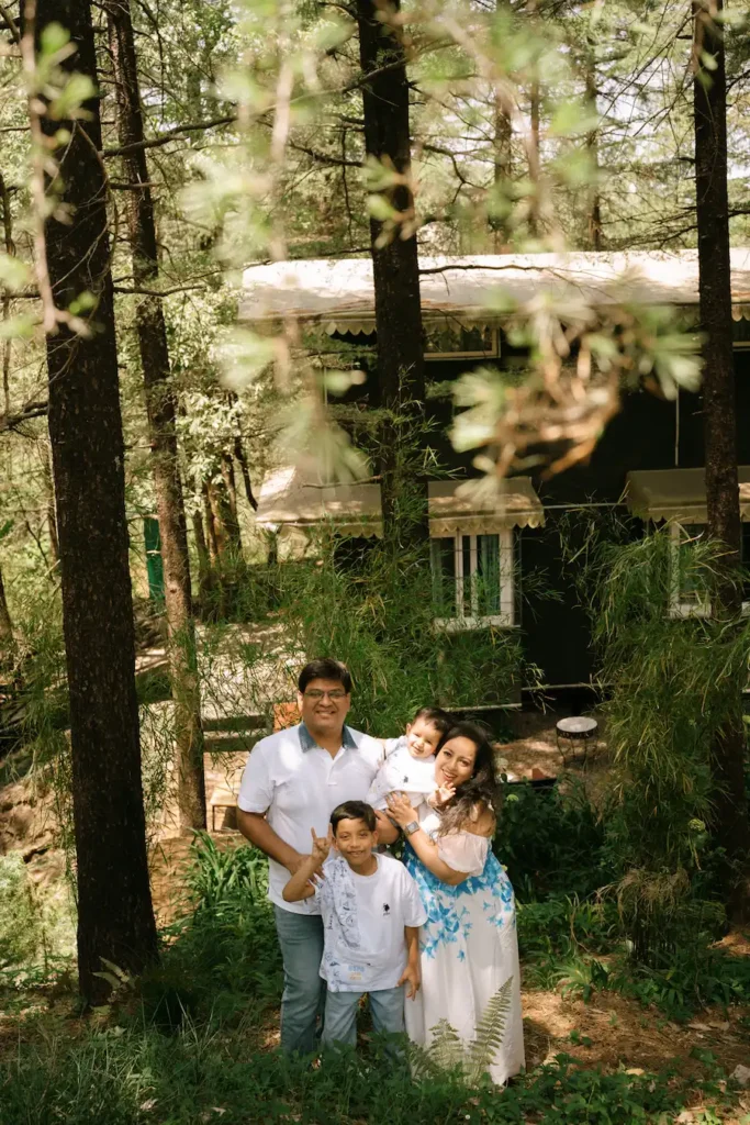 Family portrait photoshoot at Hathipaon Mussoorie amid deodar trees
