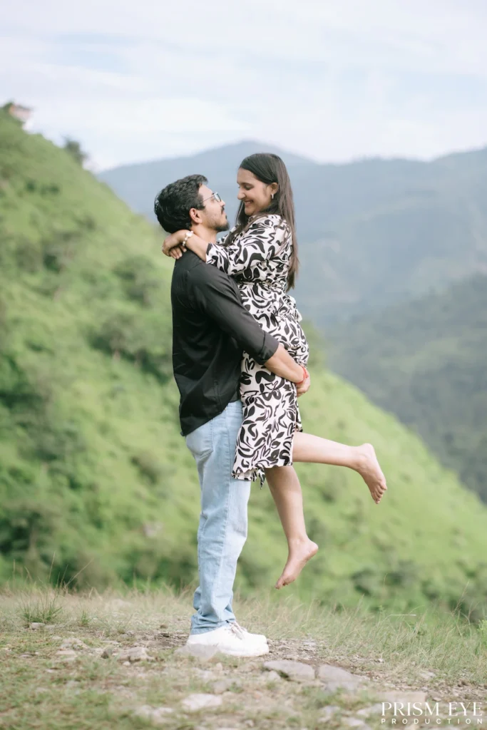 Couple embracing on a mountain trail in Chakrata