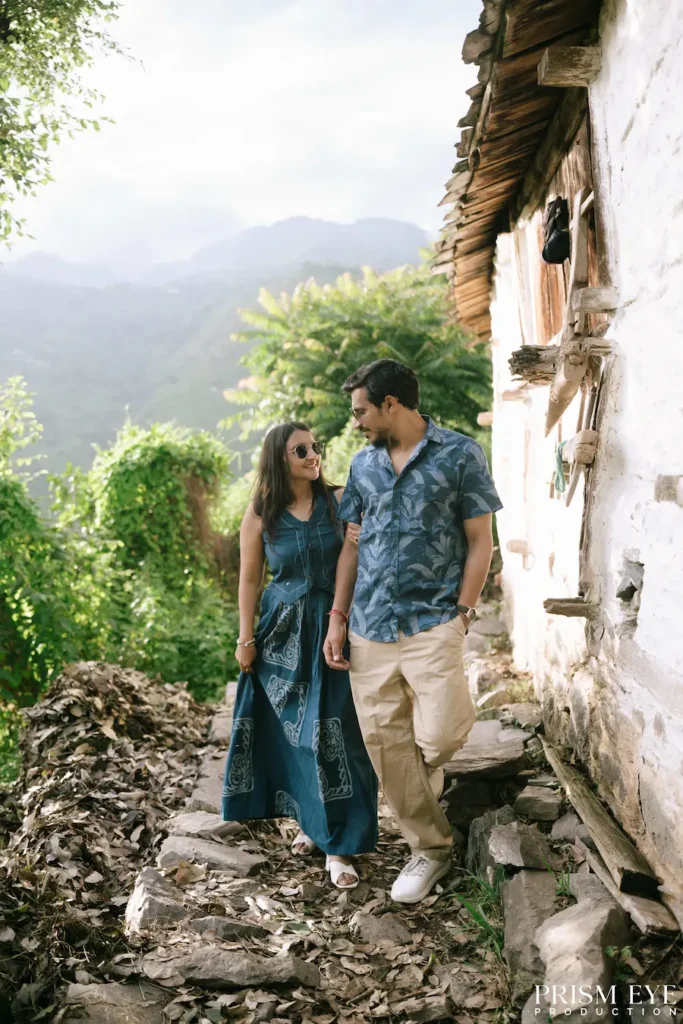 Couple walking along a traditional mountain trail in Lokhandi, Chakrata