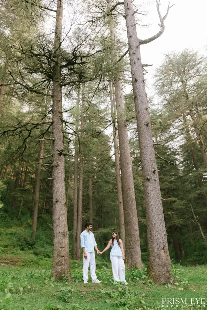 Couple walking hand in hand through a deodar forest in Chakrata