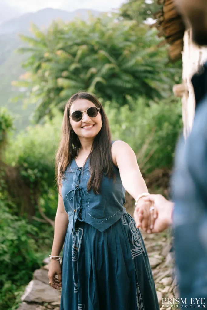 Couple walking together through the hills of Chakrata