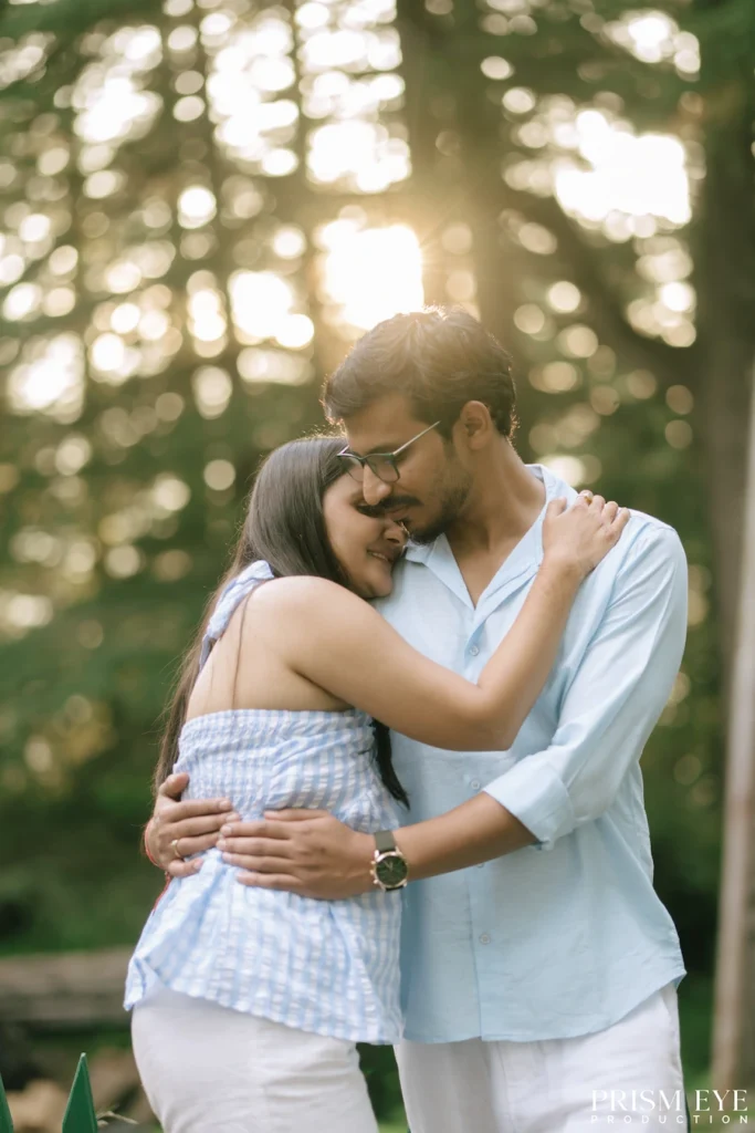 Romantic couple embracing in a forest in Koti Kansar, Chakrata