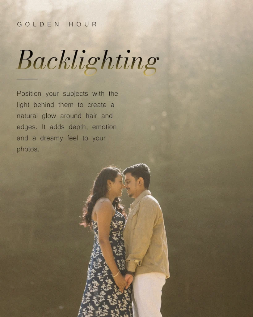 Golden hour couple photography with backlighting, couple standing close and holding hands in soft light