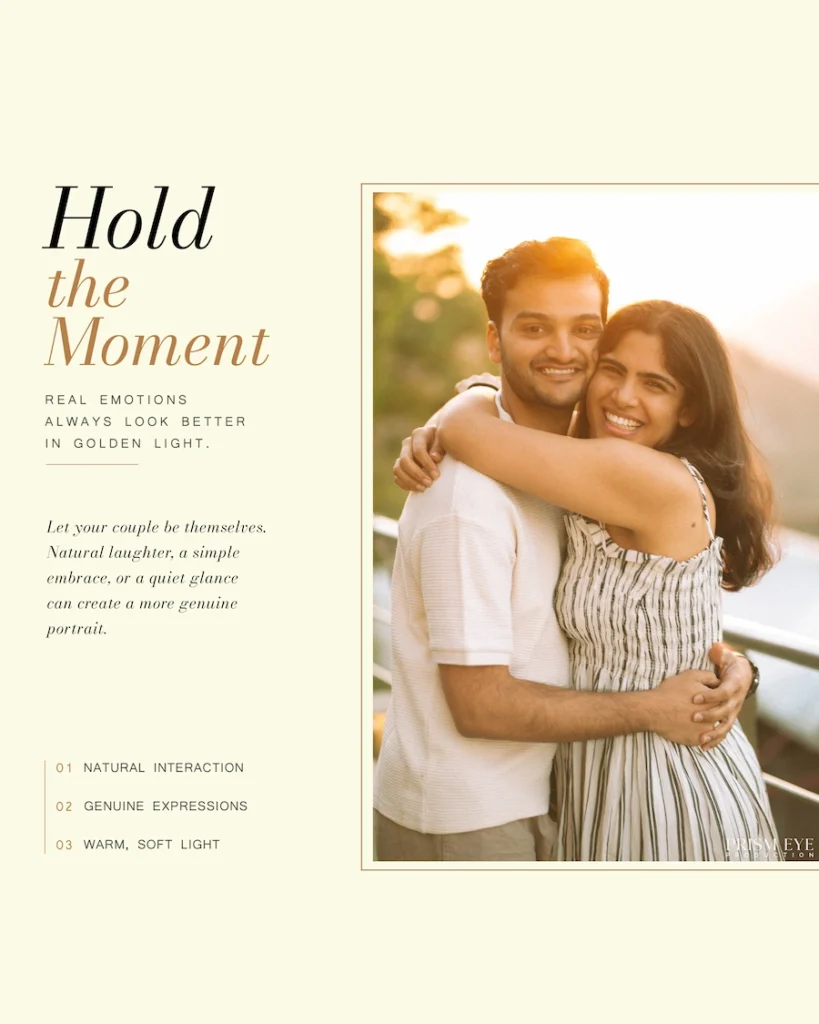 Smiling couple hugging tightly in warm golden evening light, woman's arms around her partner's neck
