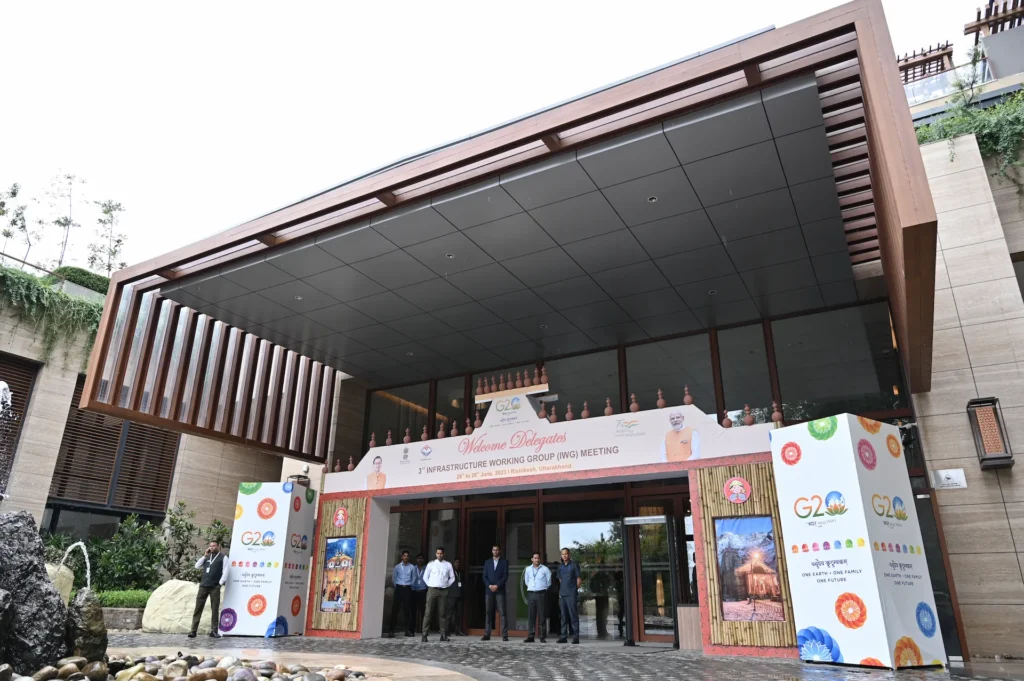 G20 event branding and decorated venue entrance in Dehradun. G20 event venue entrance branding and decoration in Dehradun