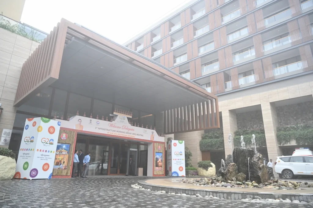 Grand hotel entrance decorated for a G20 event in Dehradun. G20 event venue entrance at a luxury hotel in Dehradun