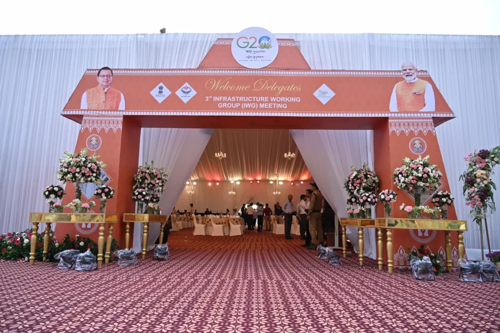 Grandly decorated entrance to a G20 Infrastructure Working Group meeting venue. G20 Infrastructure Working Group meeting venue decorated for delegates