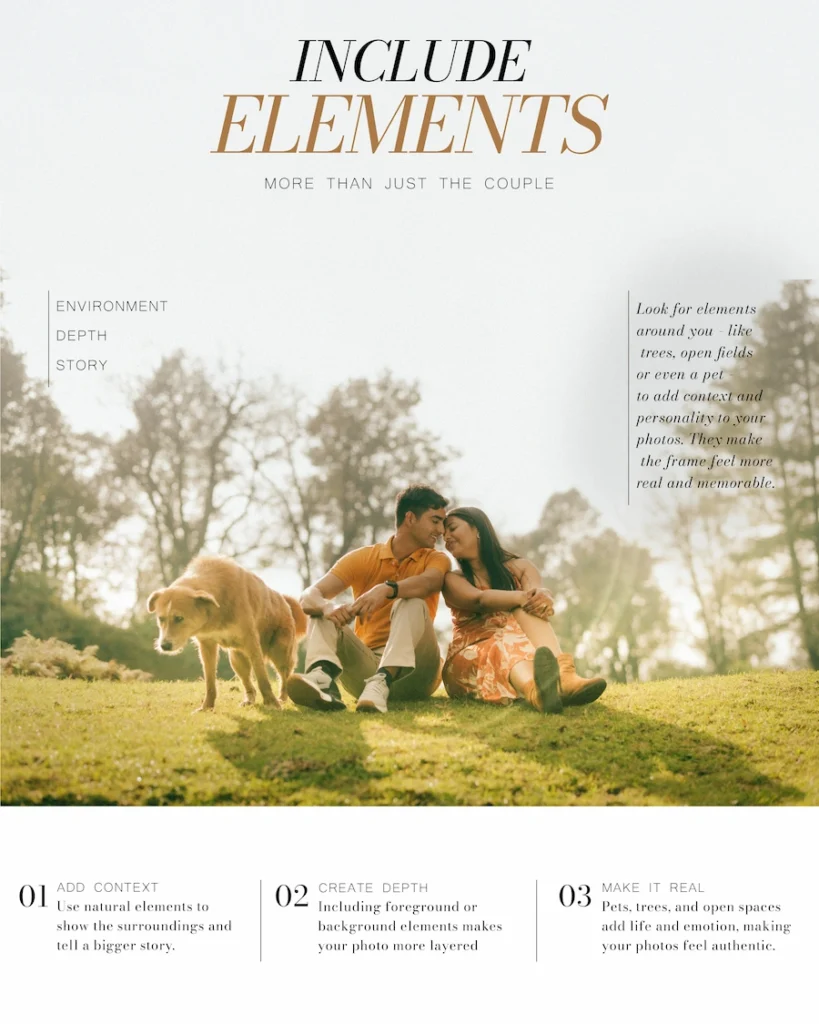 Environmental couple photography with a couple and their dog sitting on a grassy field among trees