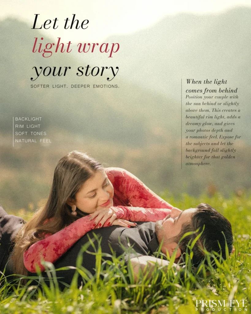 Backlit couple portrait with a smiling woman lying on her partner in a grassy field with soft light