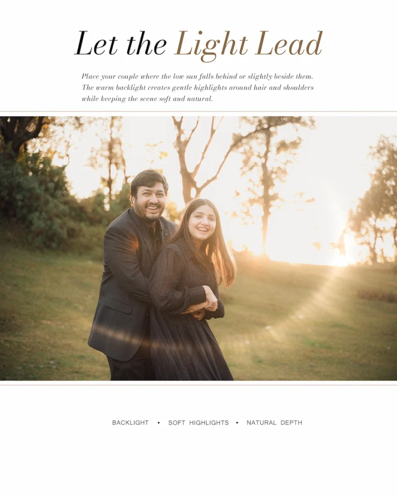 Smiling couple hugging on a grassy hill with warm backlight and lens flare from the setting sun