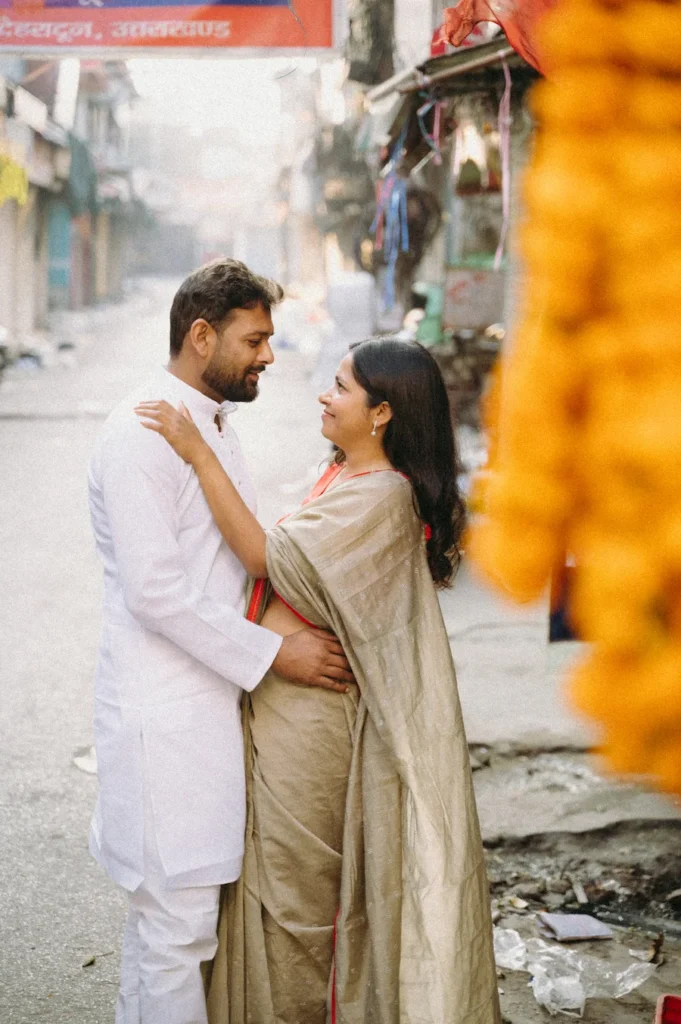 Dehradun market pre-wedding couple sharing a candid romantic moment