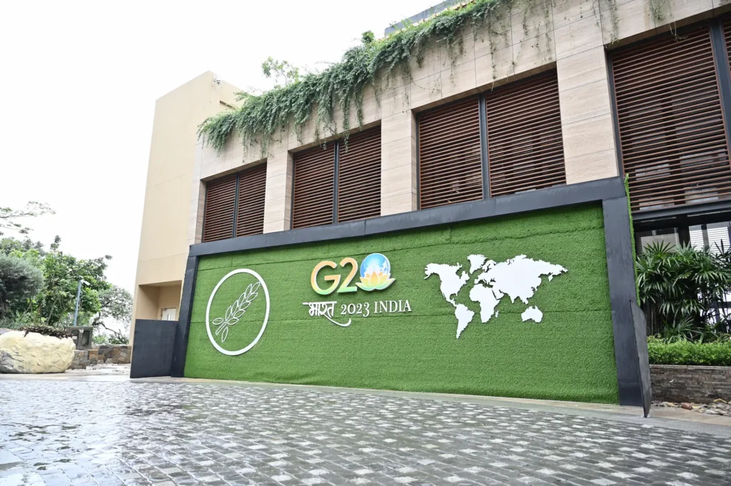 G20 India 2023 branding display at an event venue in Dehradun. G20 India 2023 event venue branding display in Dehradun