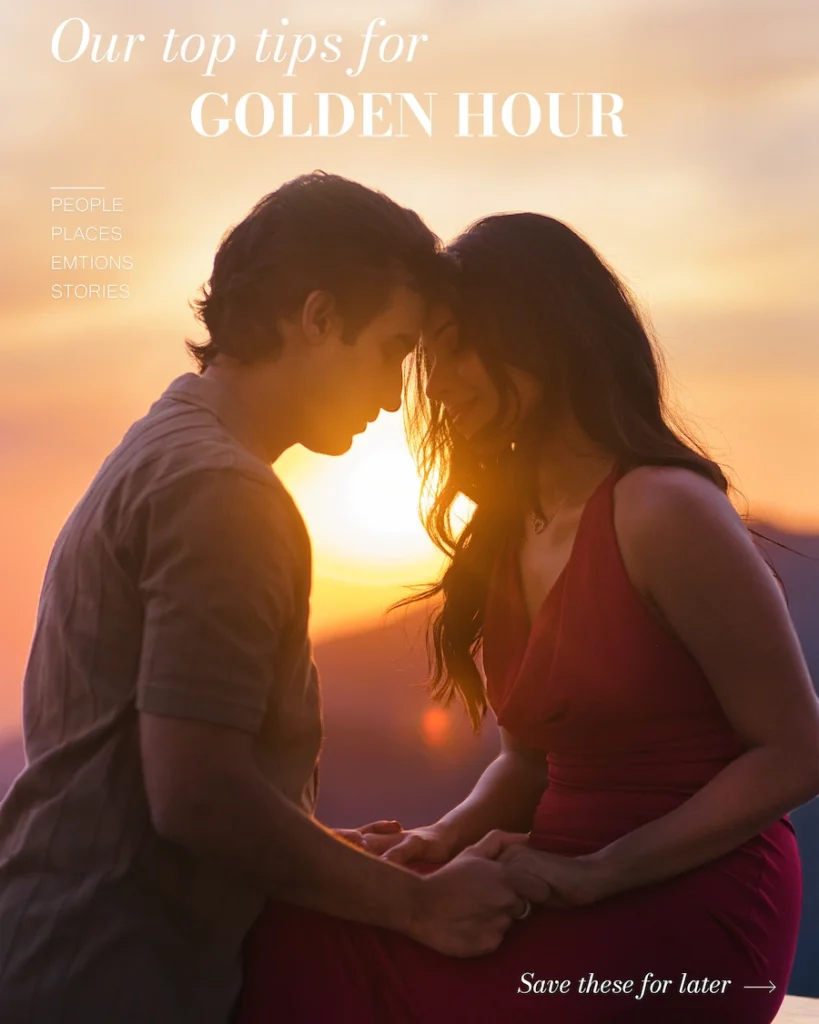 Couple touching foreheads and holding hands at sunset in golden hour couple photography