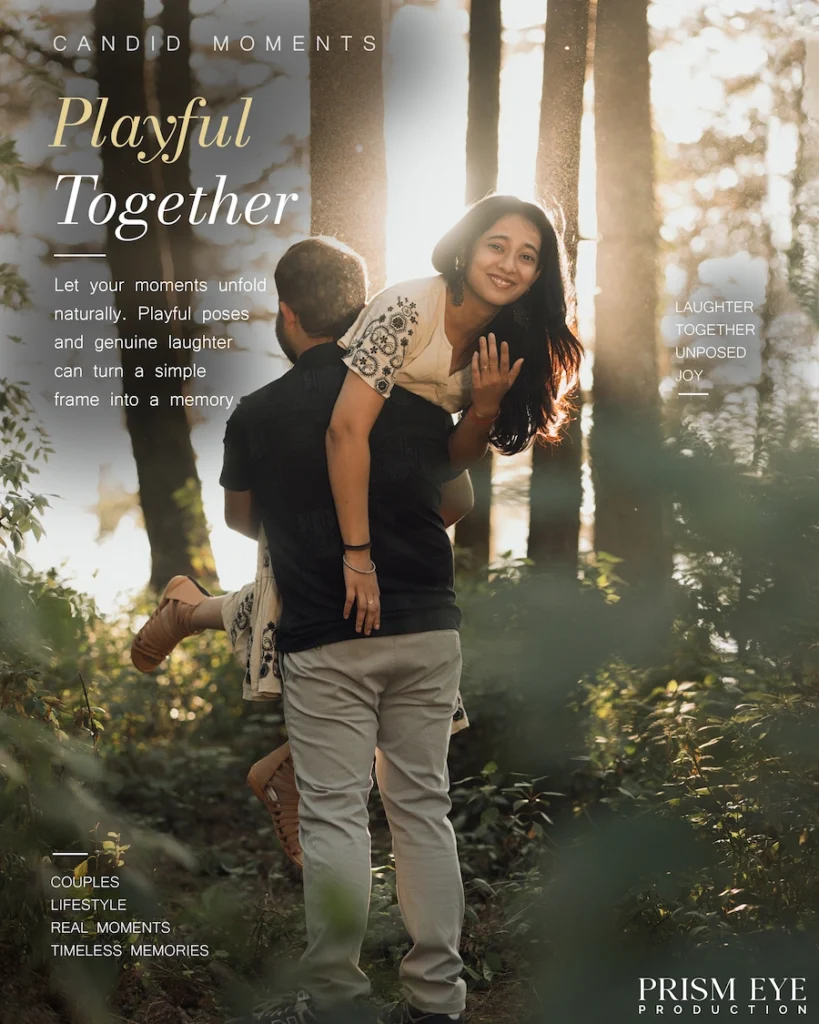 Playful couple photography with a man carrying his smiling partner through a sunlit forest