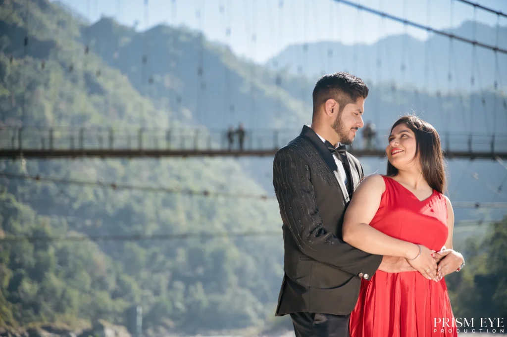 Couple sharing a loving glance during a pre-wedding photoshoot near Laxman Jhula, Rishikesh.