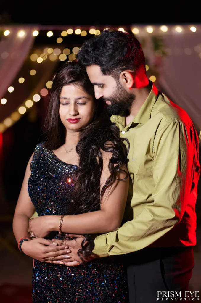 Couple sharing a romantic embrace during an evening photoshoot near Tapovan, Rishikesh.