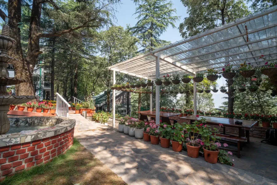 Scenic outdoor garden seating area in Uttarakhand featuring a pergola, colorful flowers, and peaceful mountain surroundings. Beautiful outdoor garden seating area with pergola and flowers in a luxury villa in Uttarakhand.